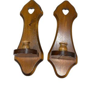 Vintage Handmade Dark Wooden Heart Wall Candle Holders Set of 2